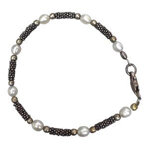 Vintage Sterling Silver & Freshwater Pearl Beaded Bracelet 8" Beaded Modern